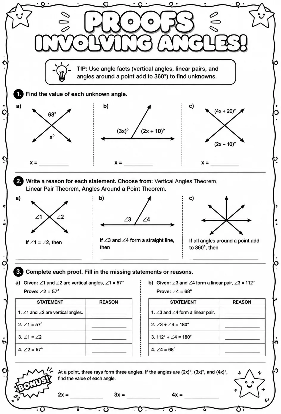 Proofs involving angles — free printable Geometry math worksheet
