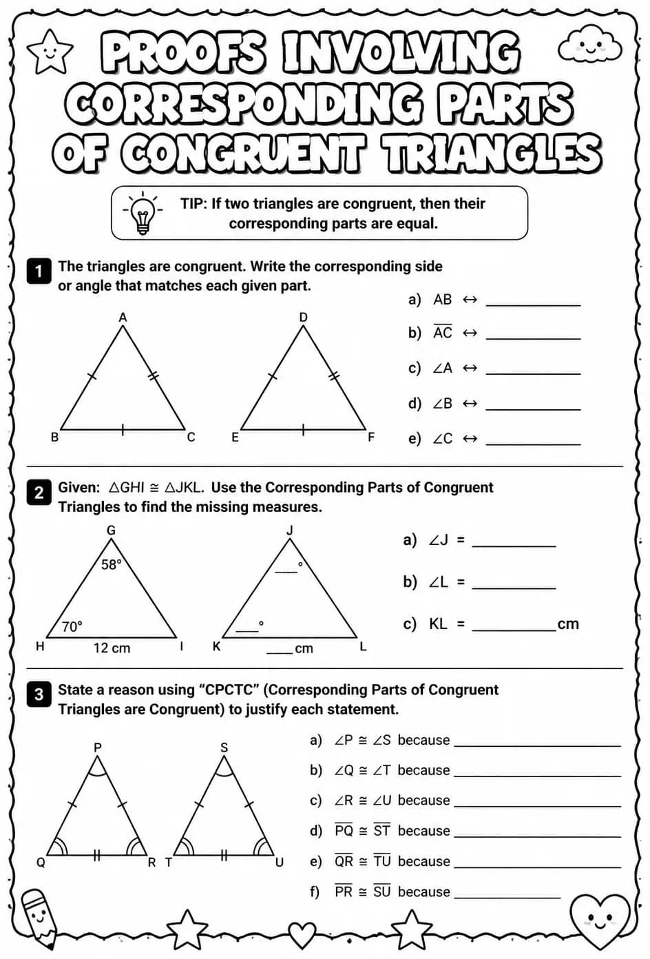 Proofs involving corresponding parts of congruent triangles — free printable Geometry math worksheet