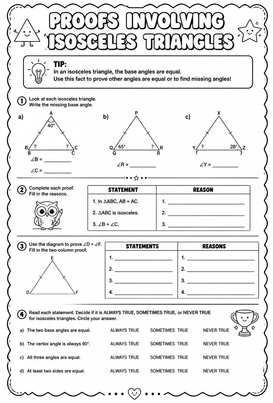 Proofs involving isosceles triangles — free printable Geometry math worksheet
