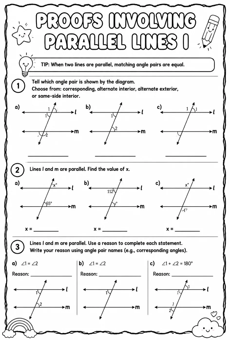 Proofs involving parallel lines I — free printable Geometry math worksheet