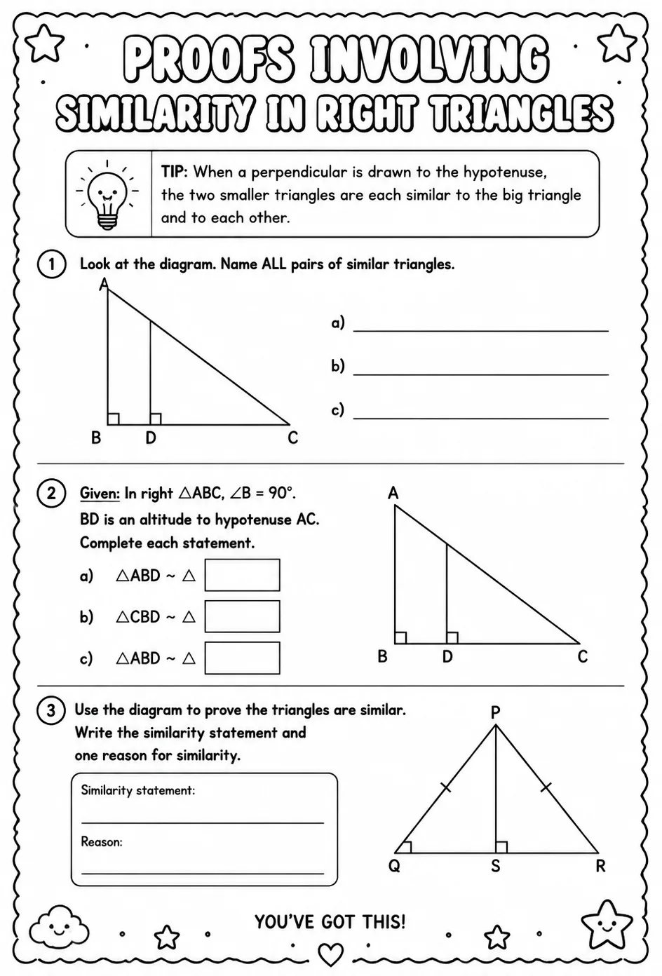 Proofs involving similarity in right triangles — free printable Geometry math worksheet