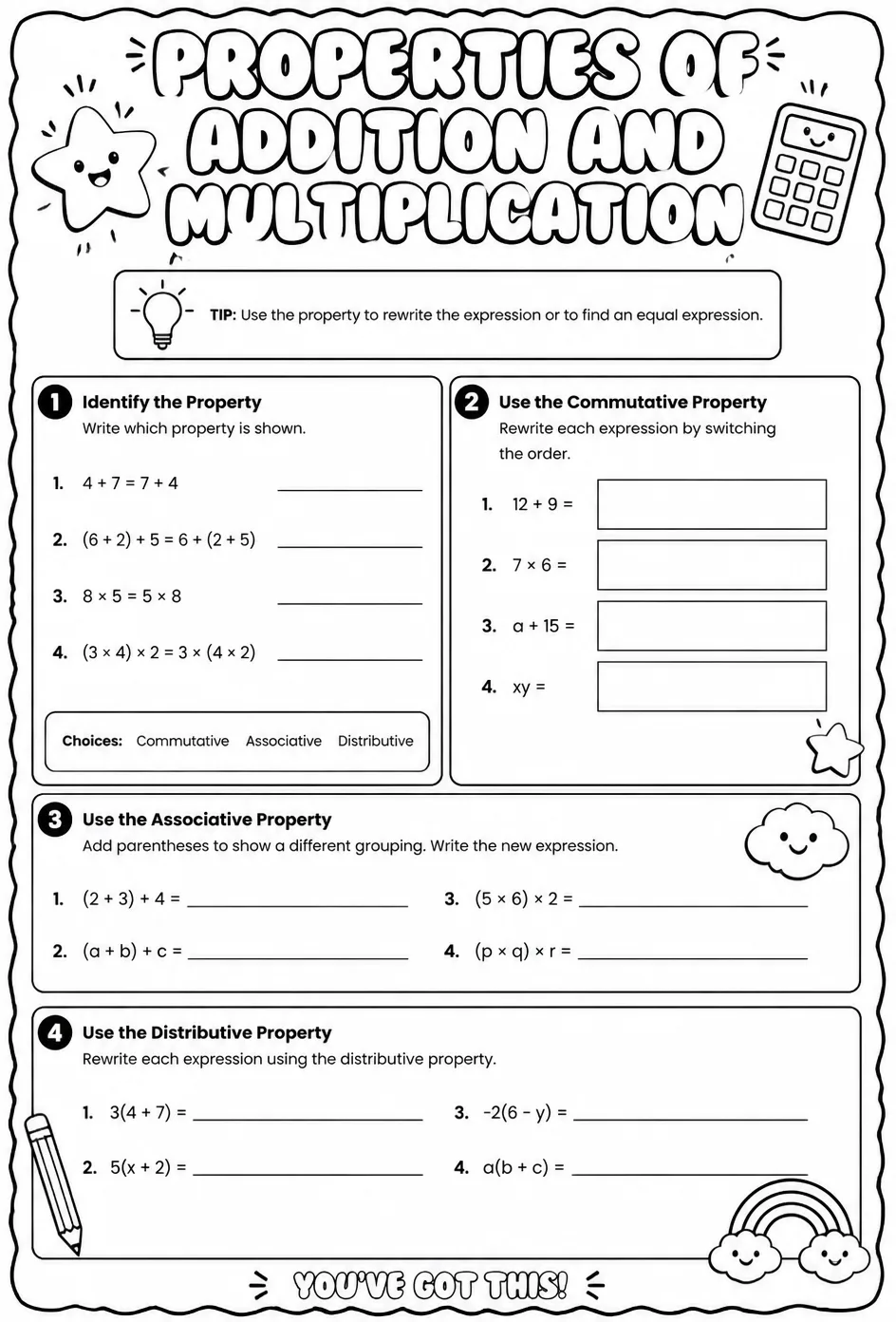 Properties of addition and multiplication — free printable Algebra 1 math worksheet