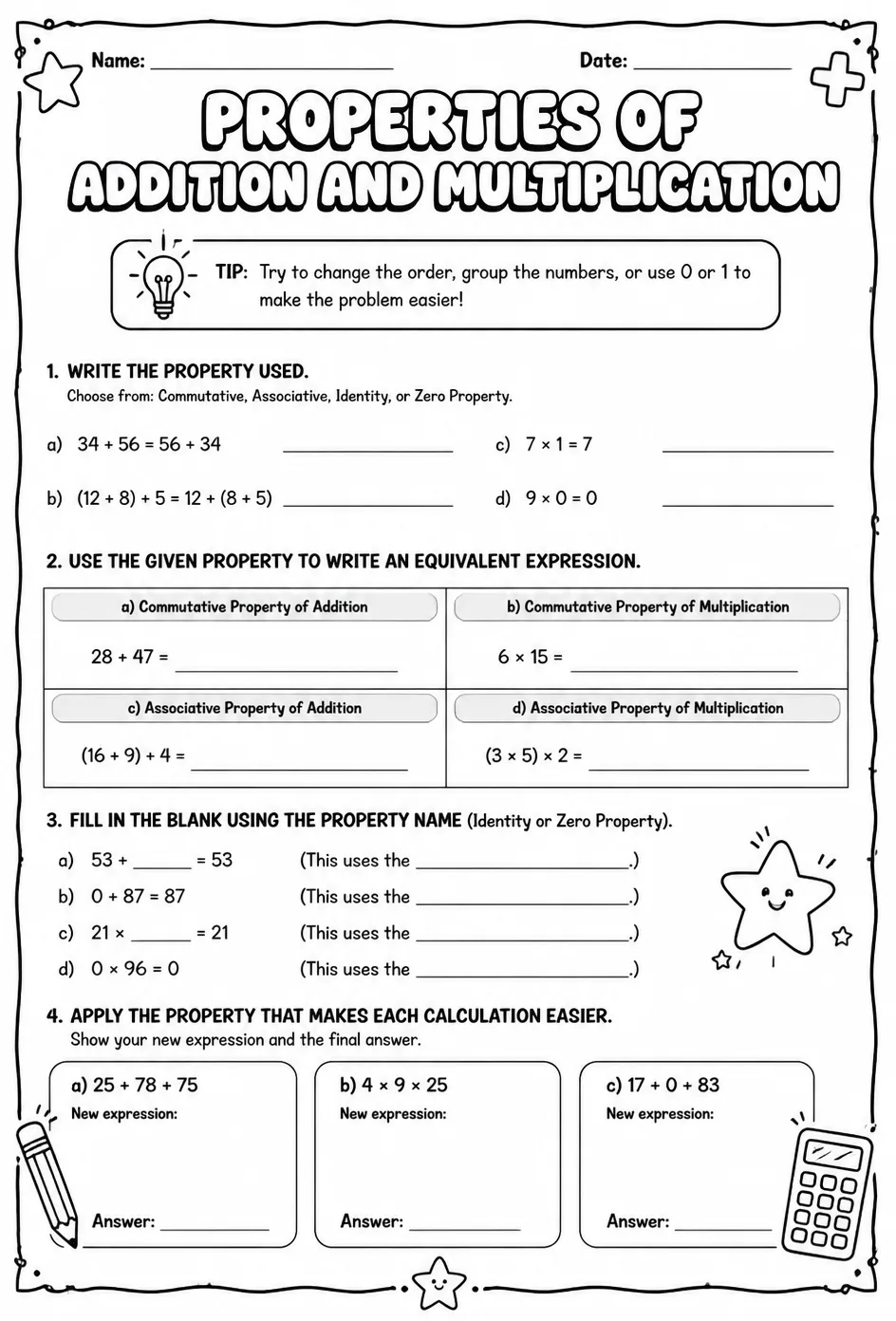 Properties of addition and multiplication — free printable Grade 7 math worksheet