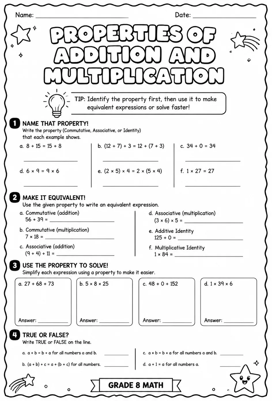 Properties of addition and multiplication — free printable Grade 8 math worksheet