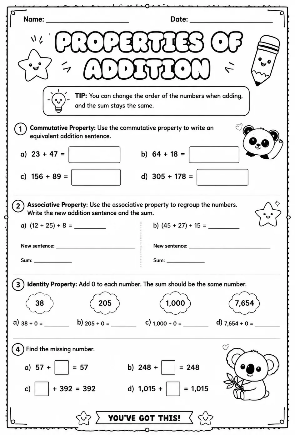 Properties of addition — free printable Grade 3 math worksheet