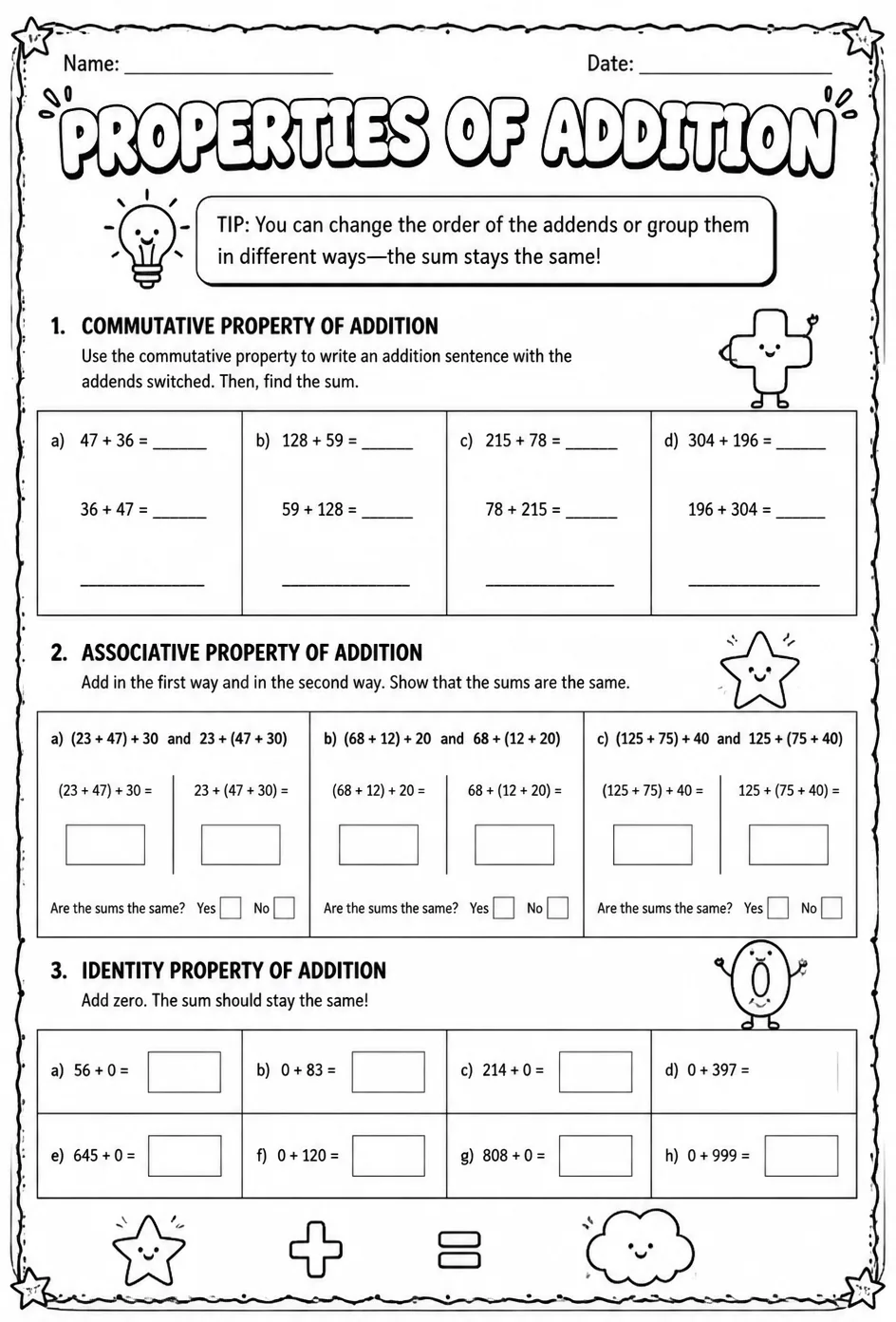 Properties of addition — free printable Grade 4 math worksheet