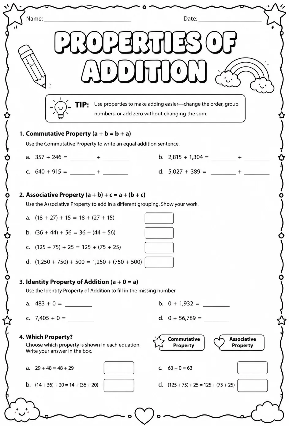 Properties of addition — free printable Grade 5 math worksheet