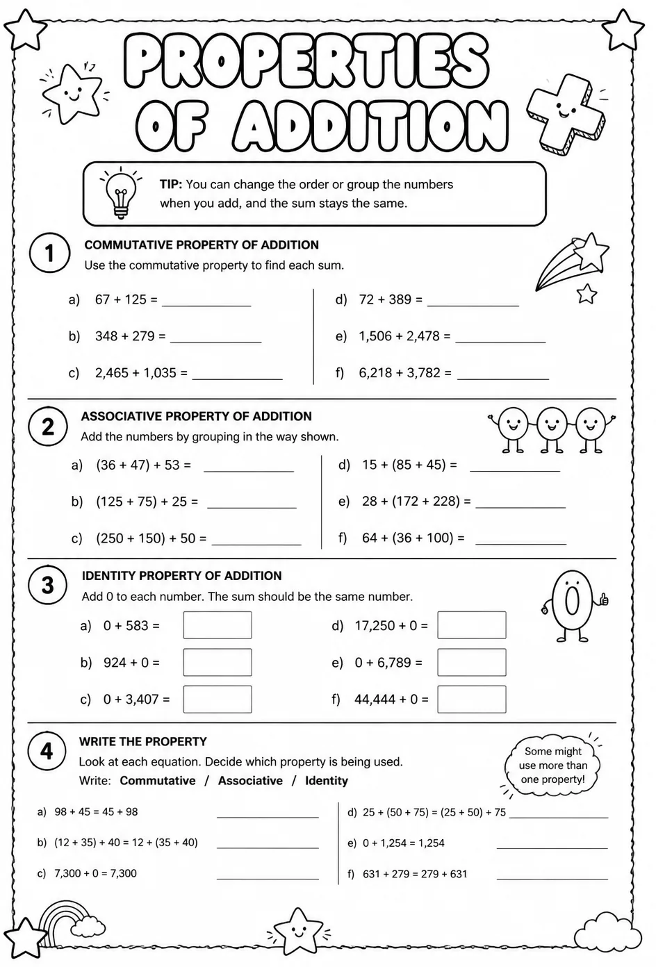 Properties of addition — free printable Grade 6 math worksheet