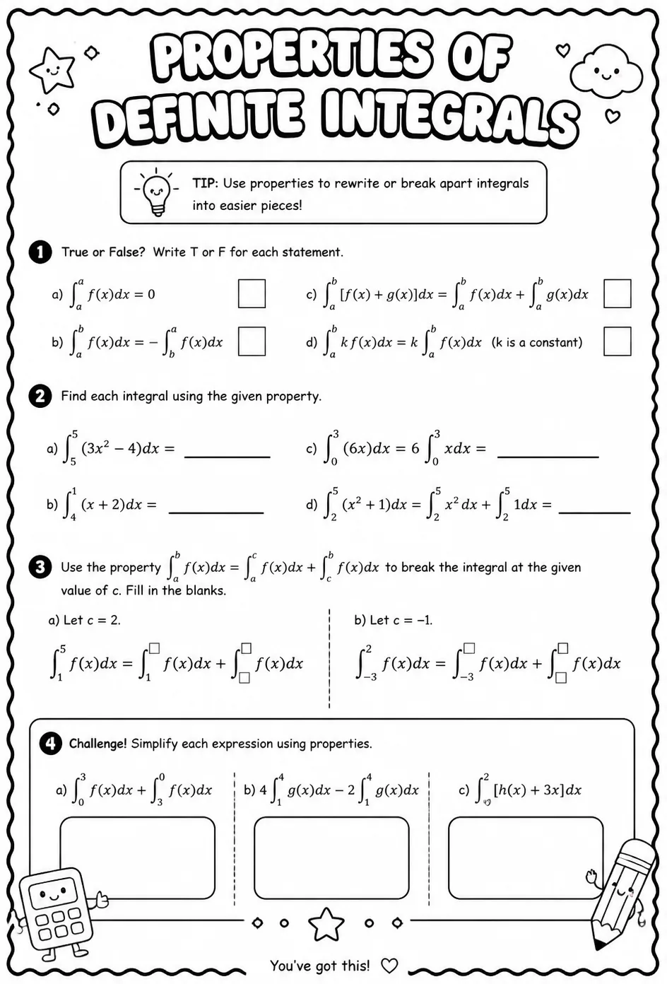 Properties of definite integrals — free printable Calculus math worksheet
