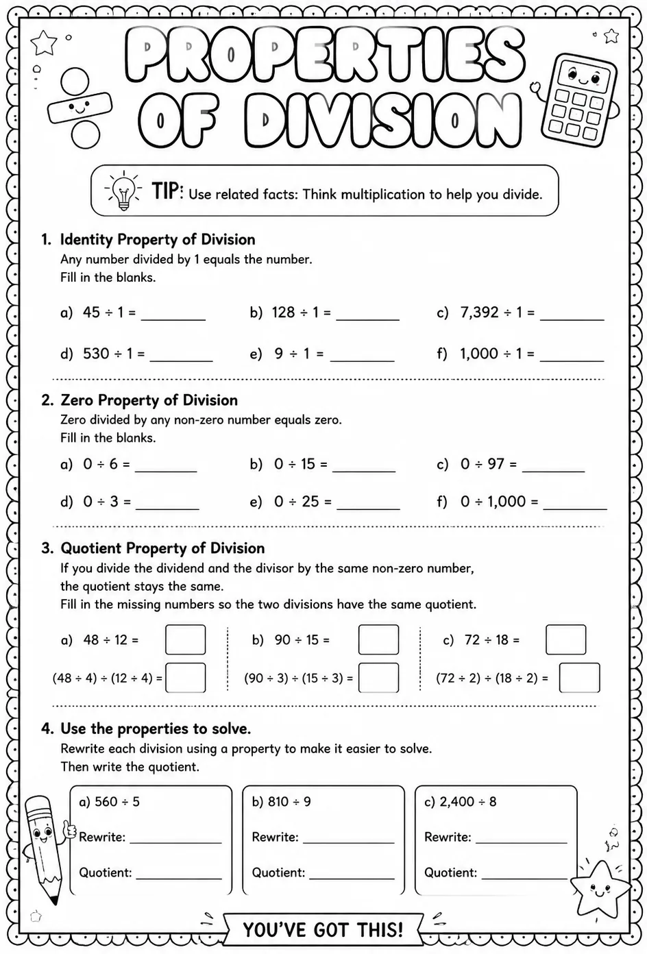 Properties of division — free printable Grade 4 math worksheet