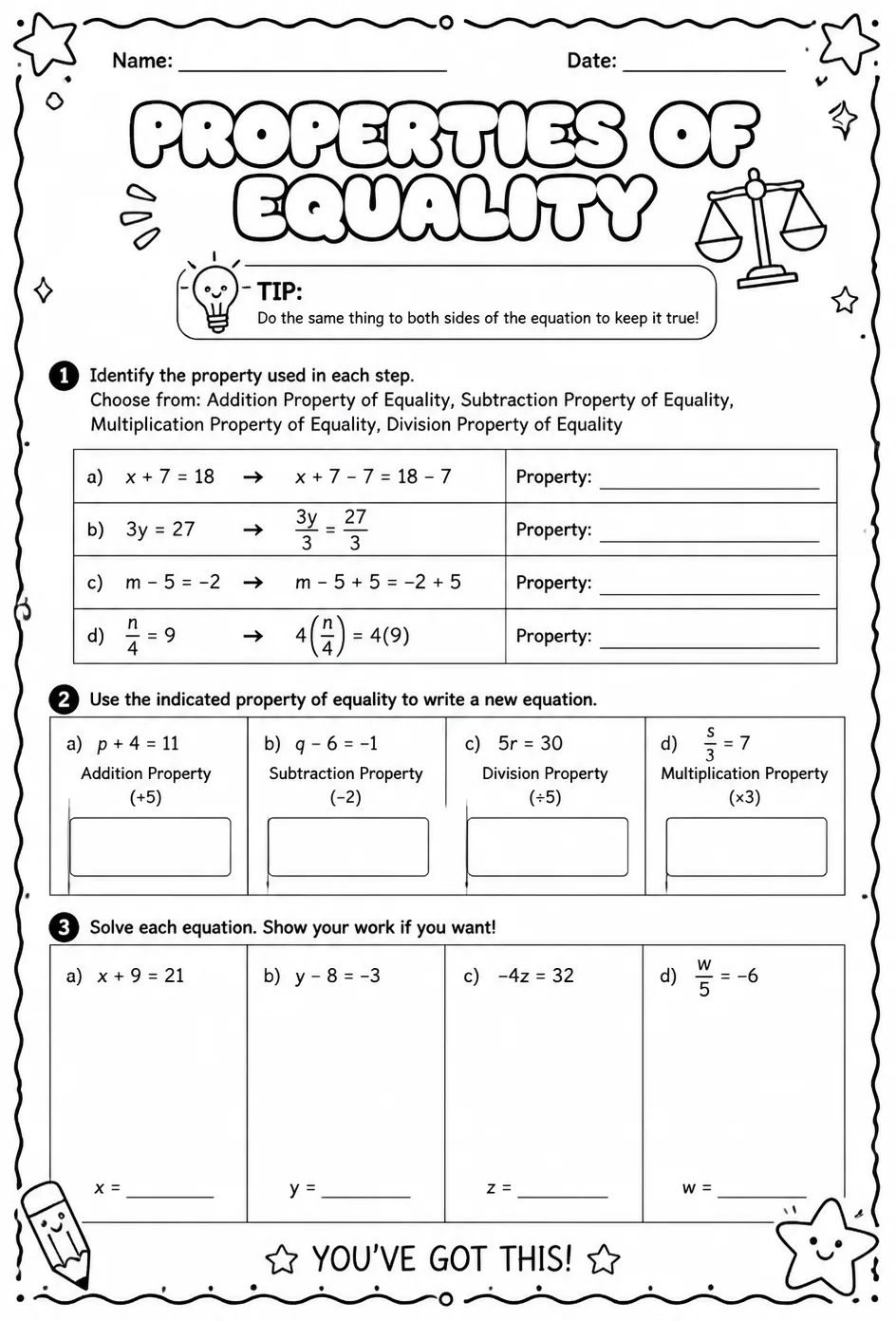 Properties of equality — free printable Algebra 1 math worksheet