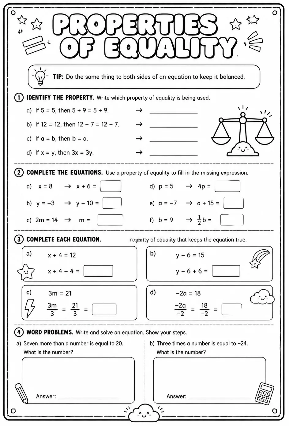 Properties of equality — free printable Grade 8 math worksheet