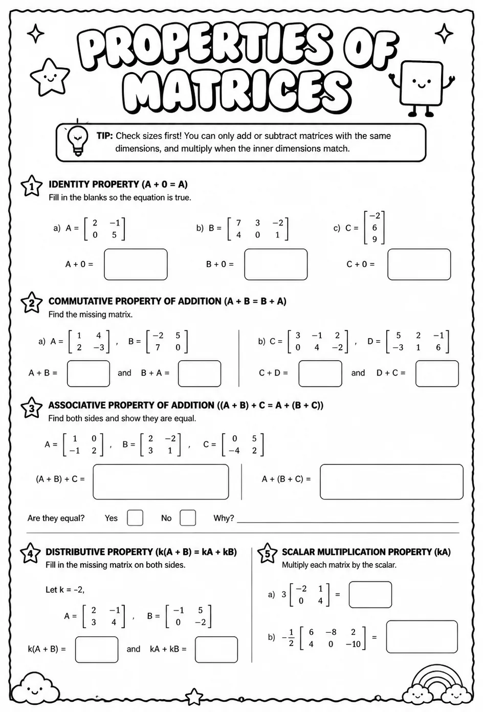 Properties of matrices — free printable Algebra 2 math worksheet