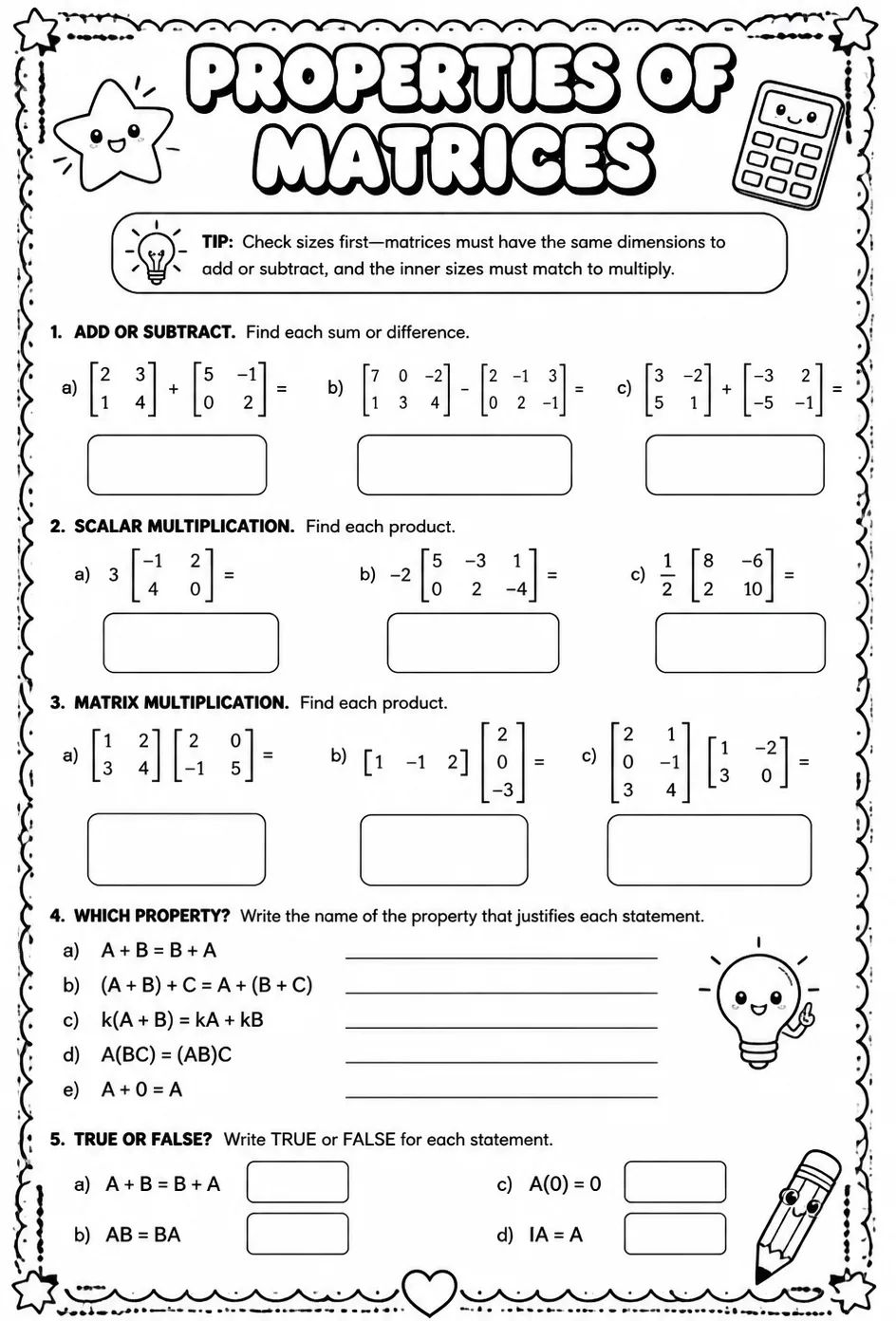 Properties of matrices — free printable Precalculus math worksheet