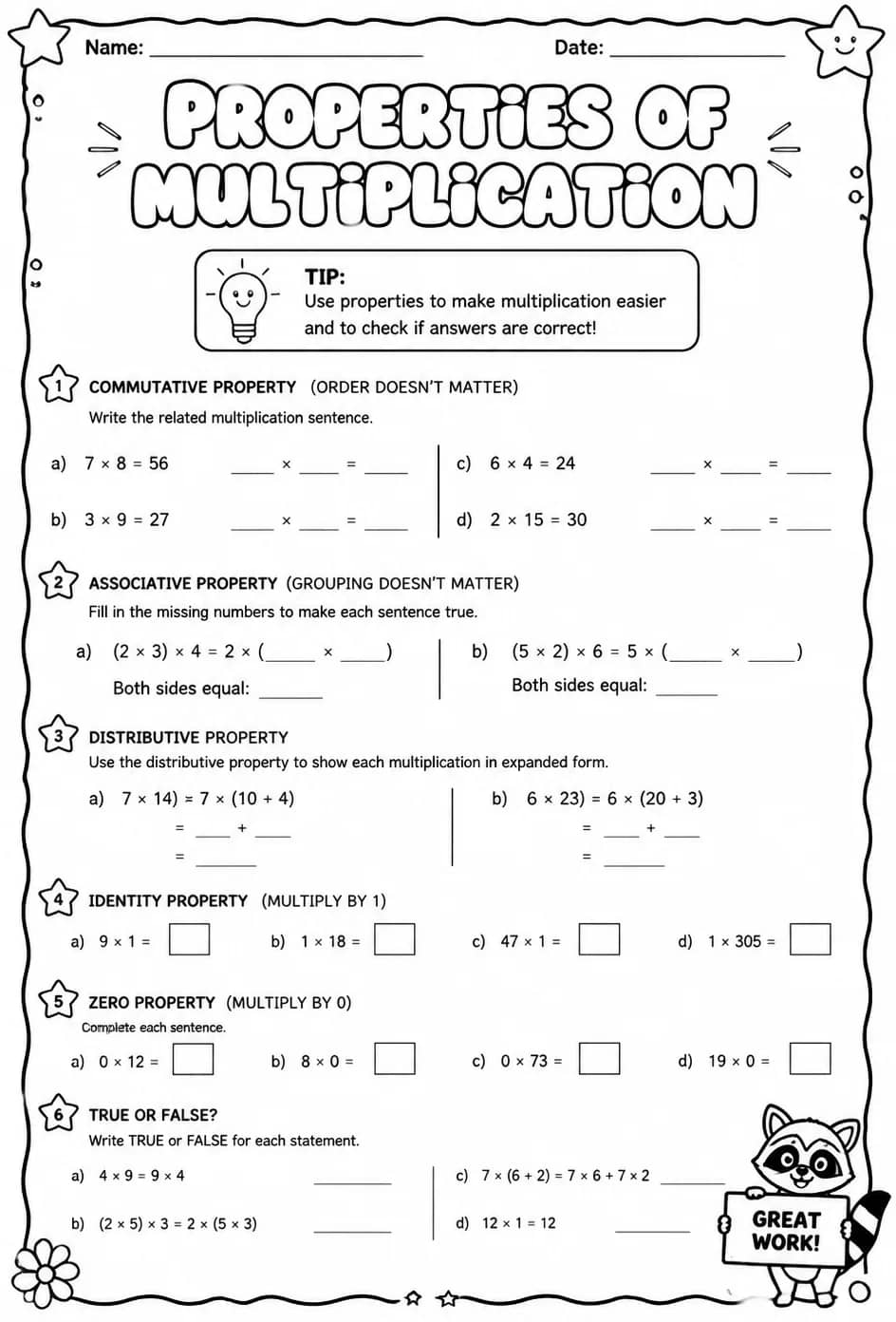 Properties of multiplication — free printable Grade 4 math worksheet