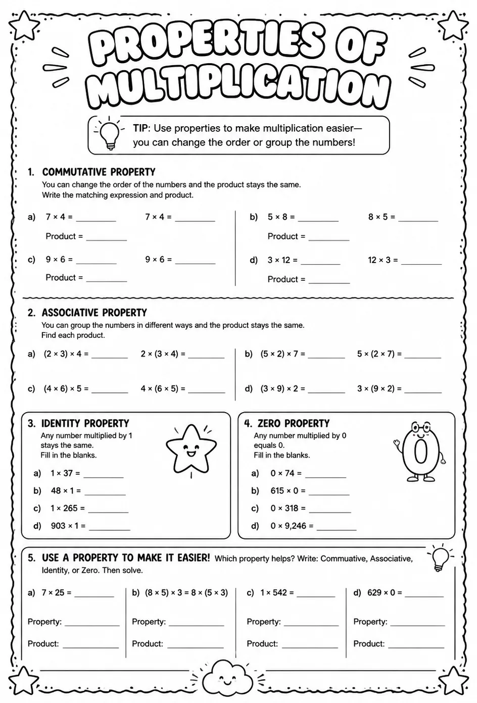 Properties of multiplication — free printable Grade 5 math worksheet