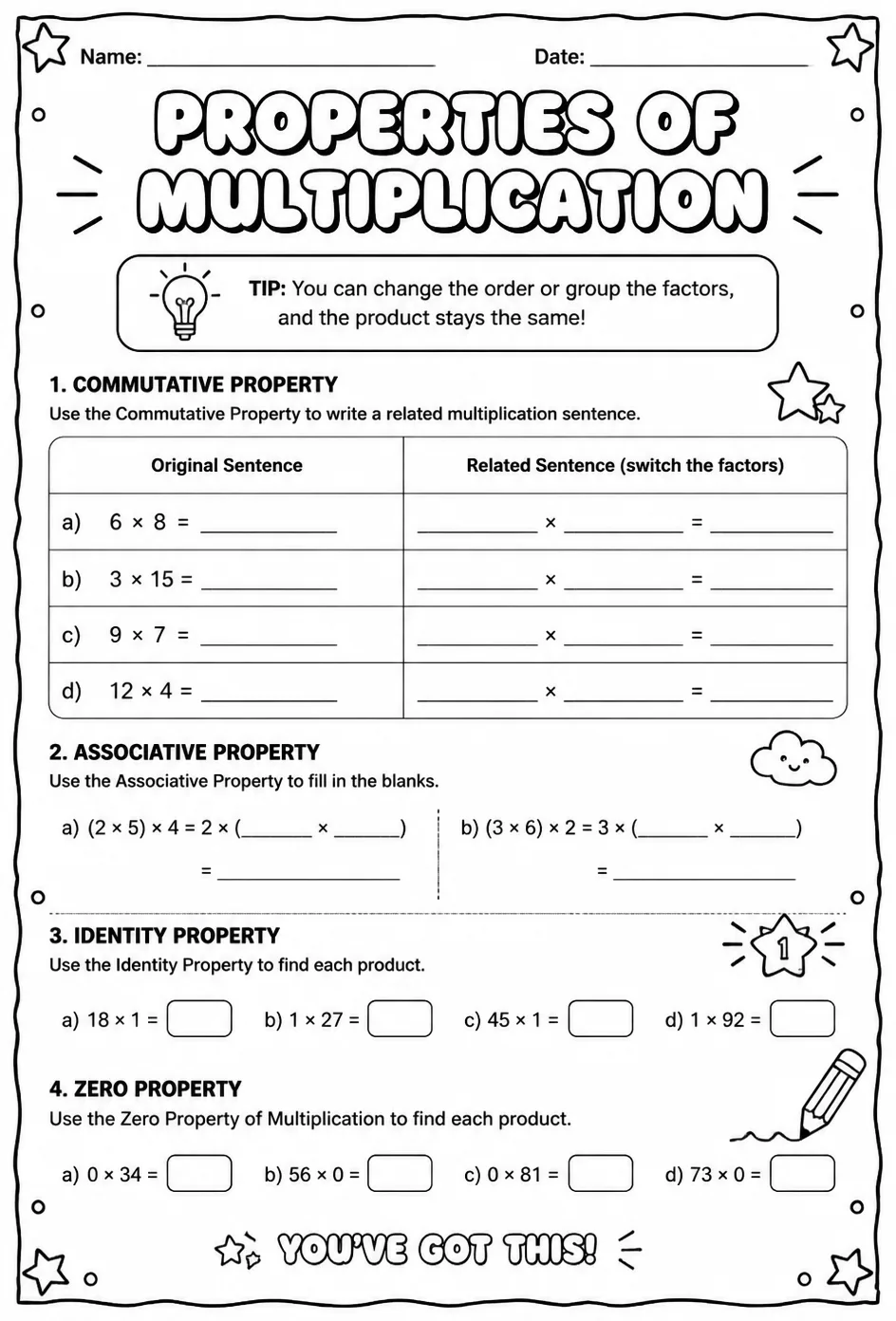 Properties of multiplication — free printable Grade 6 math worksheet