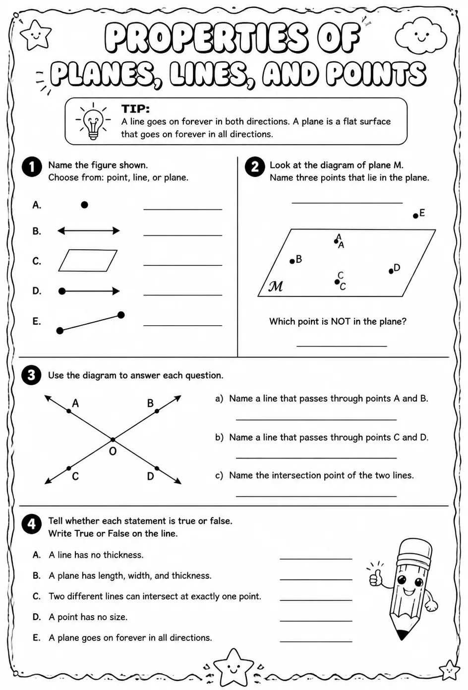 Properties of planes, lines, and points — free printable Geometry math worksheet
