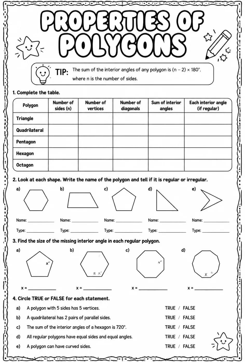Properties of polygons — free printable Grade 5 math worksheet