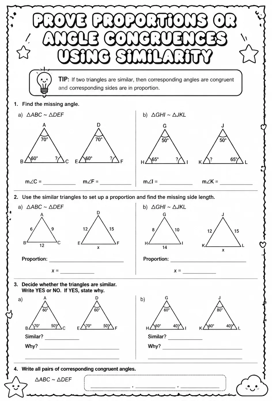 Prove proportions or angle congruences using similarity — free printable Geometry math worksheet