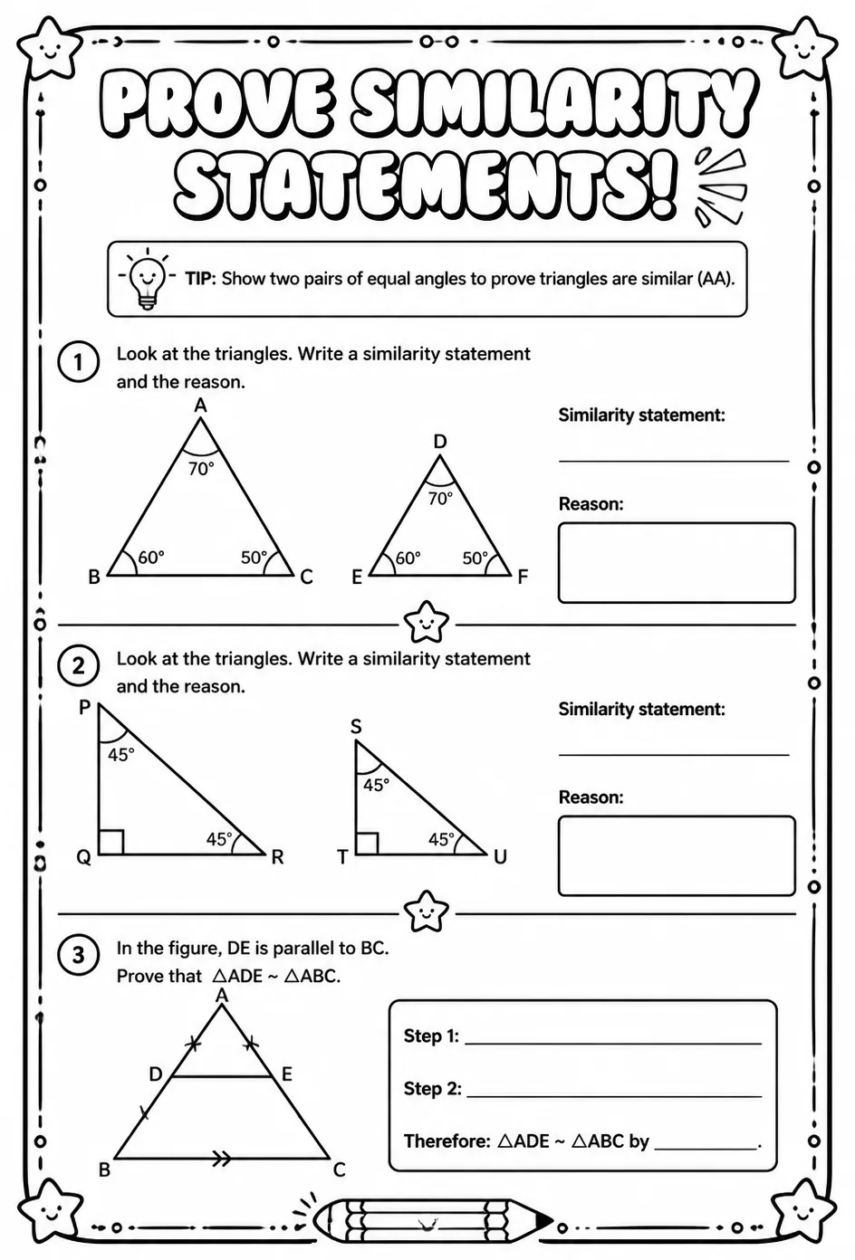 Prove similarity statements — free printable Geometry math worksheet