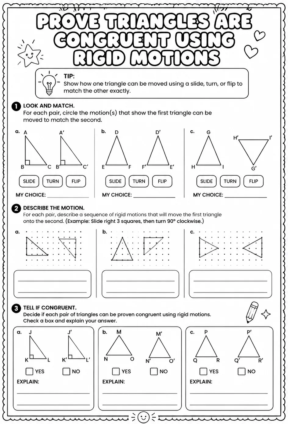 Prove triangles are congruent using rigid motions — free printable Geometry math worksheet
