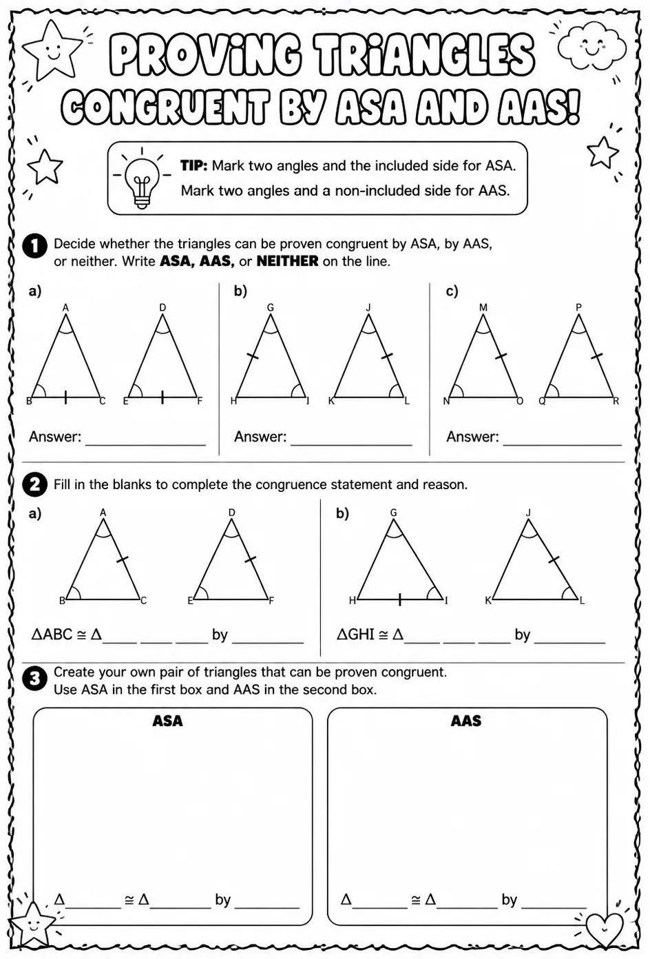 Proving triangles congruent by ASA and AAS — free printable Geometry math worksheet