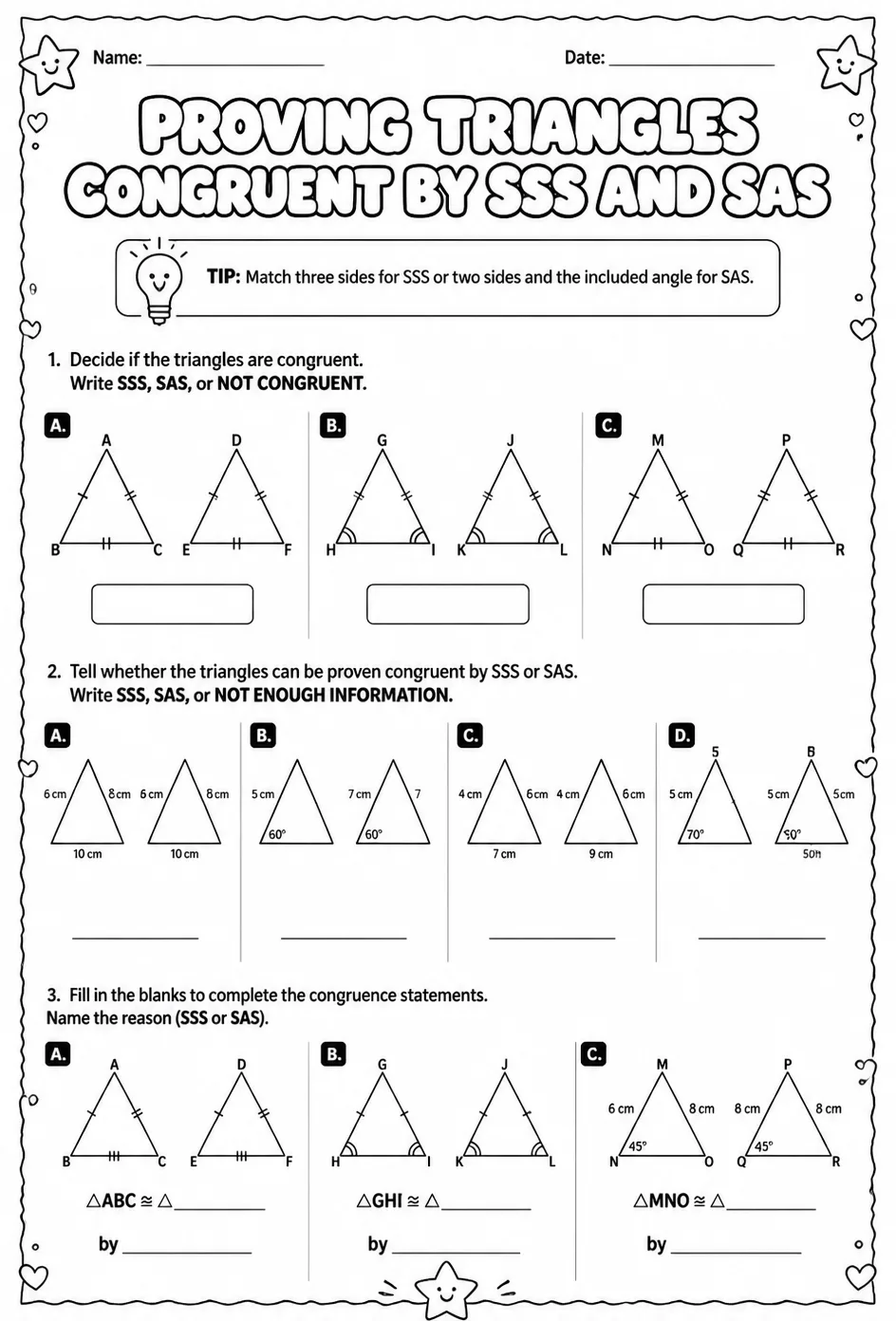 Proving triangles congruent by SSS and SAS — free printable Geometry math worksheet