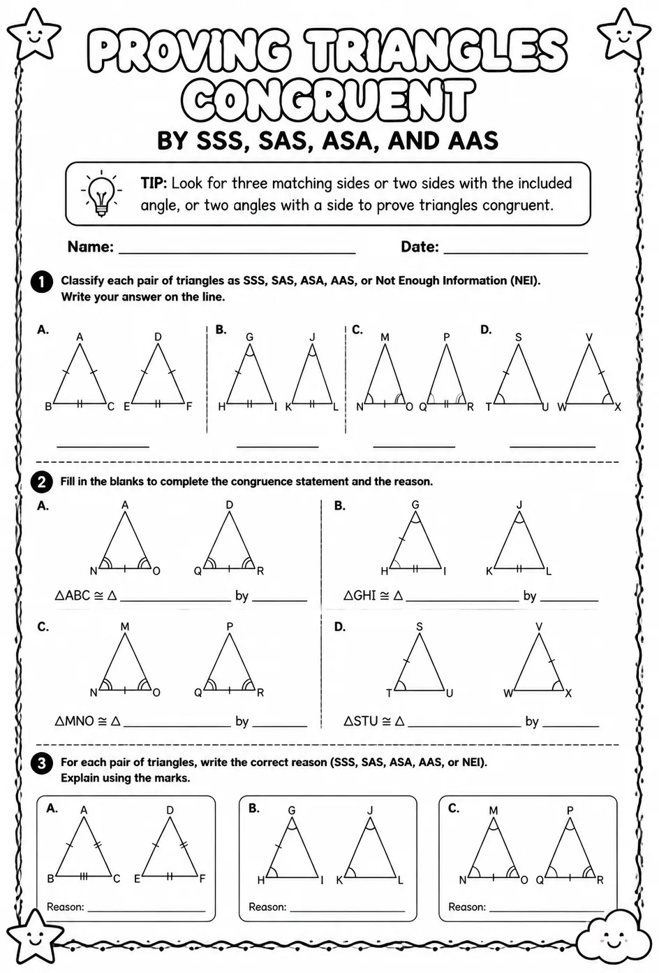 Proving triangles congruent by SSS, SAS, ASA, and AAS — free printable Geometry math worksheet