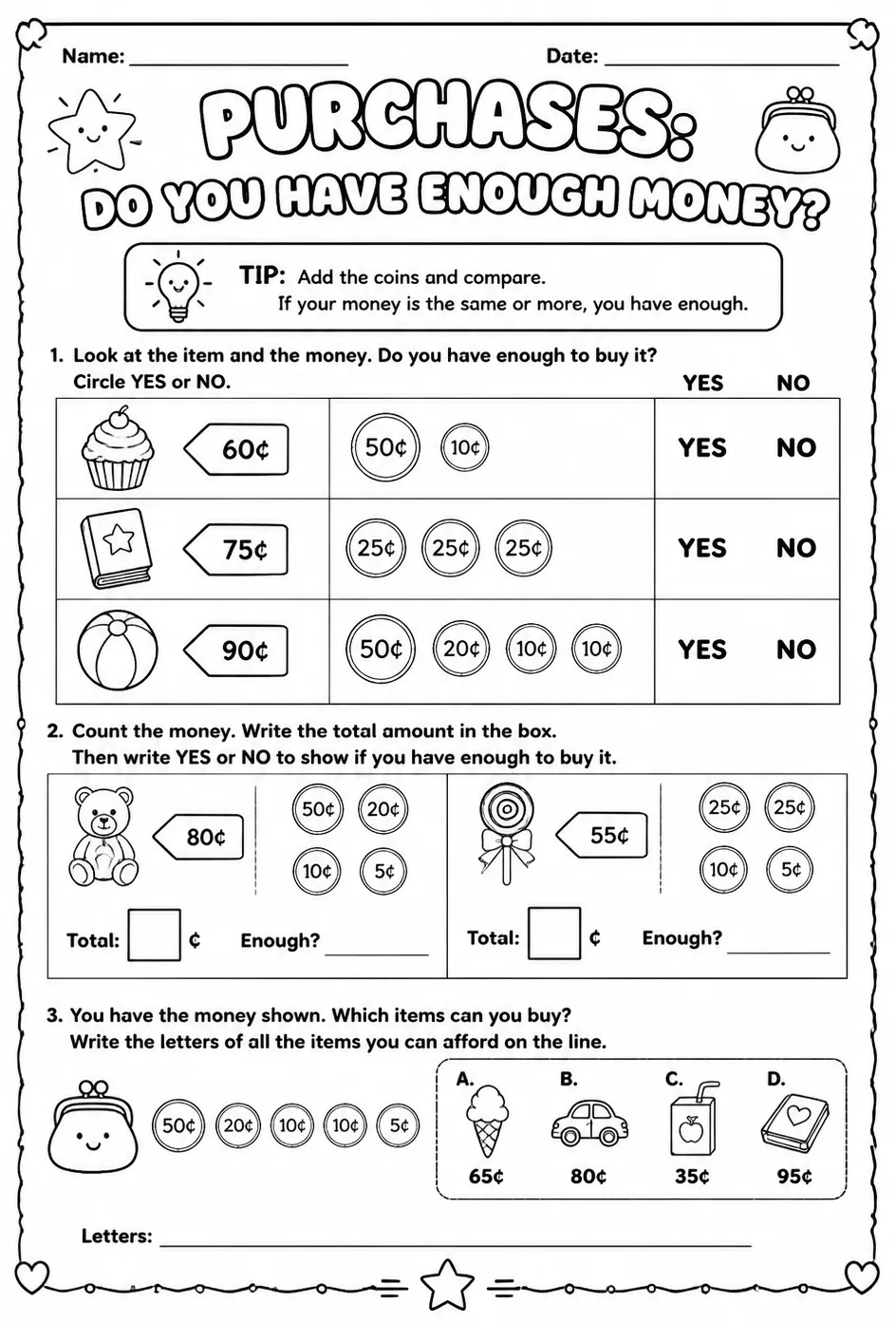 Purchases: do you have enough money? — free printable Grade 1 math worksheet