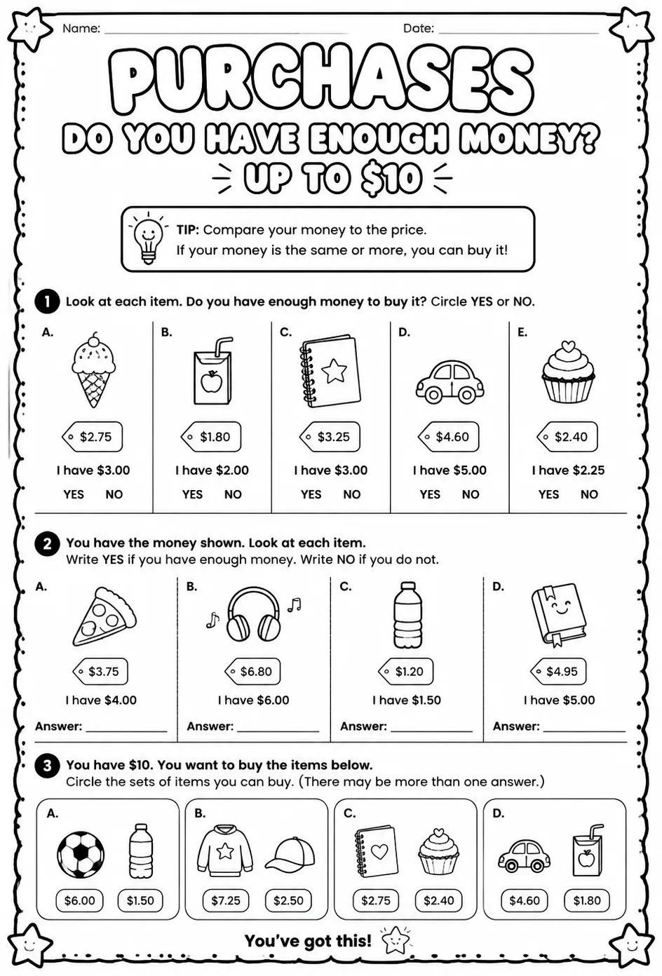 Purchases - do you have enough money - up to $10 — free printable Grade 3 math worksheet