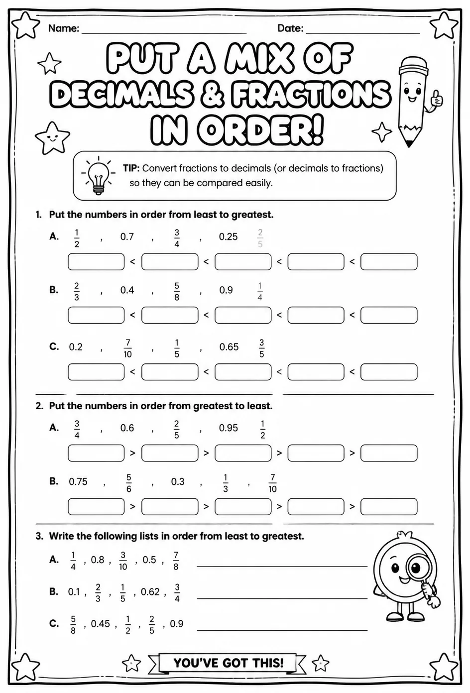 Put a mix of decimals and fractions in order — free printable Grade 5 math worksheet