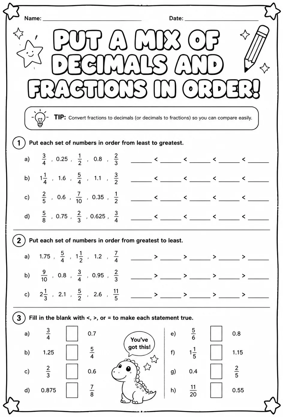 Put a mix of decimals and fractions in order — free printable Grade 6 math worksheet