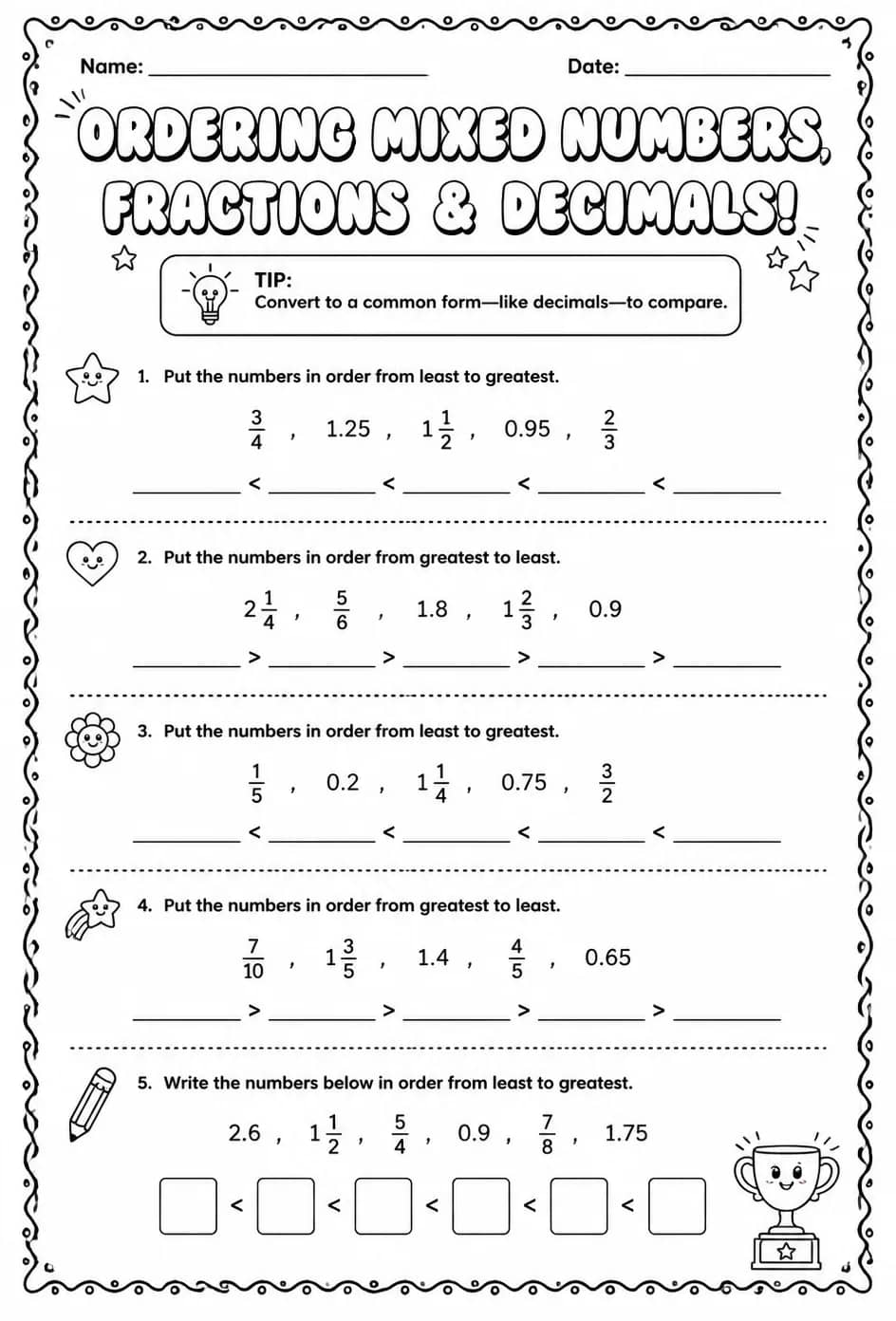 Put a mix of decimals, fractions, and mixed numbers in order — free printable Grade 5 math worksheet