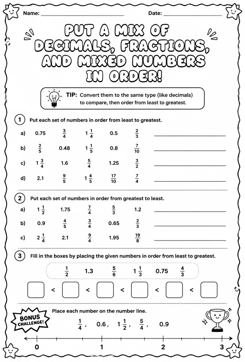 Put a mix of decimals, fractions, and mixed numbers in order — free printable Grade 6 math worksheet