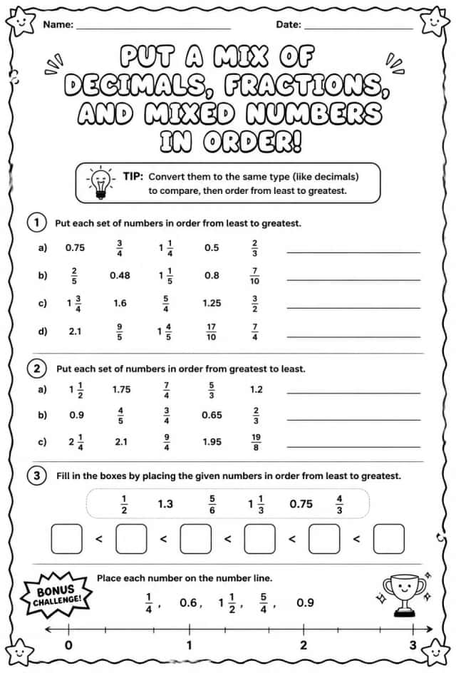 Put a mix of decimals, fractions, and mixed numbers in order
