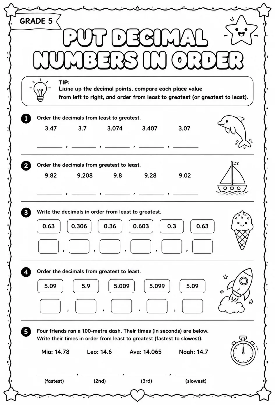 Put decimal numbers in order — free printable Grade 5 math worksheet