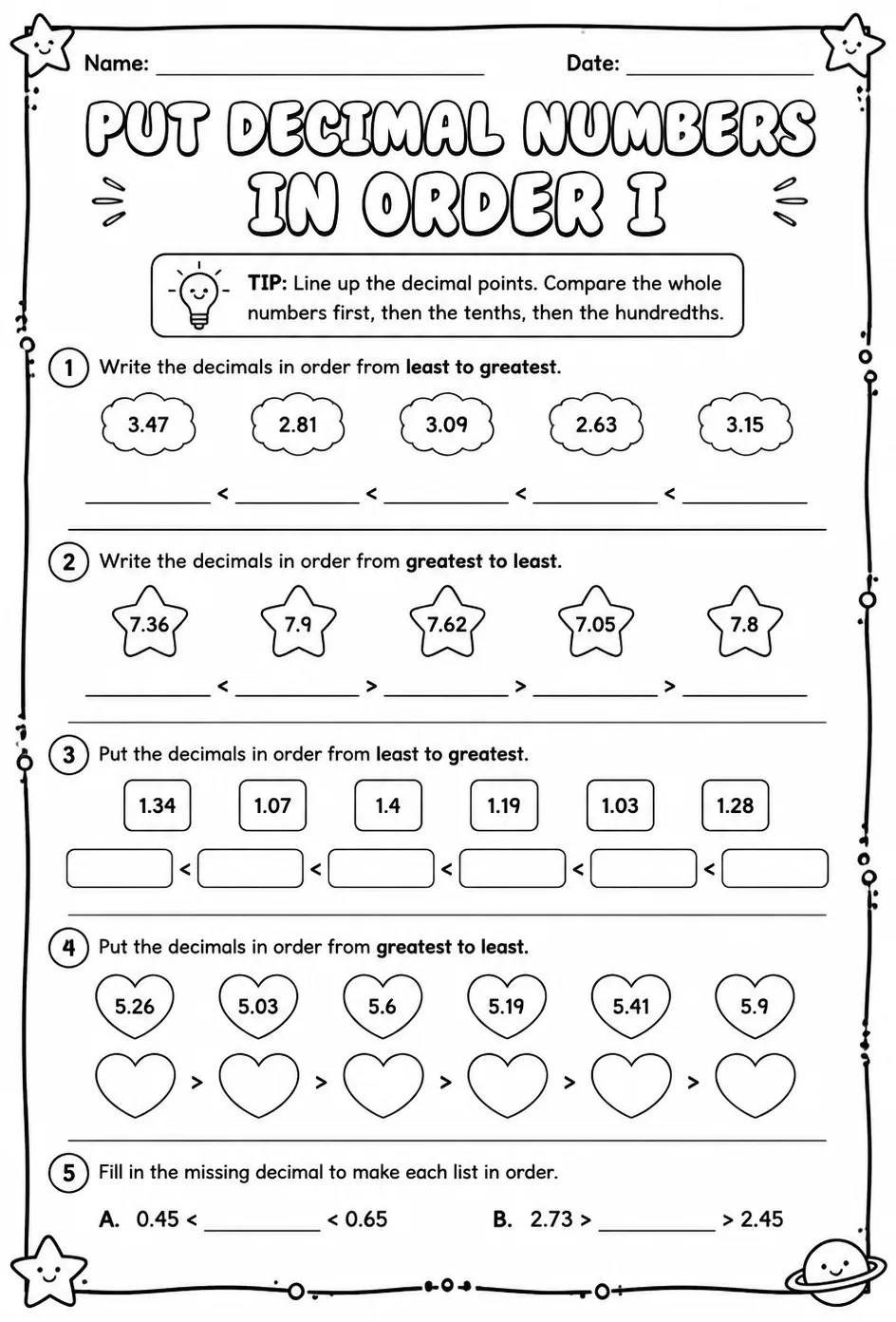 Put decimal numbers in order I — free printable Grade 4 math worksheet