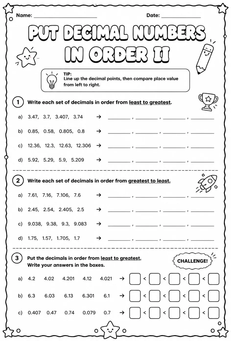 Put decimal numbers in order II — free printable Grade 4 math worksheet
