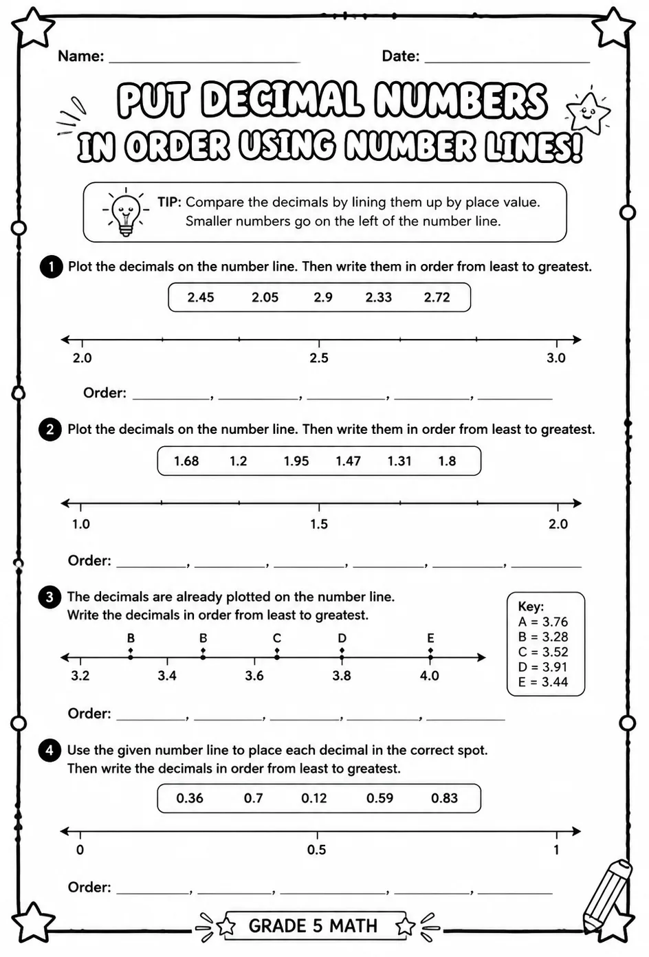 Put decimal numbers in order using number lines — free printable Grade 5 math worksheet