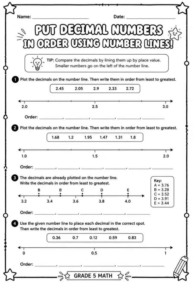 Put decimal numbers in order using number lines
