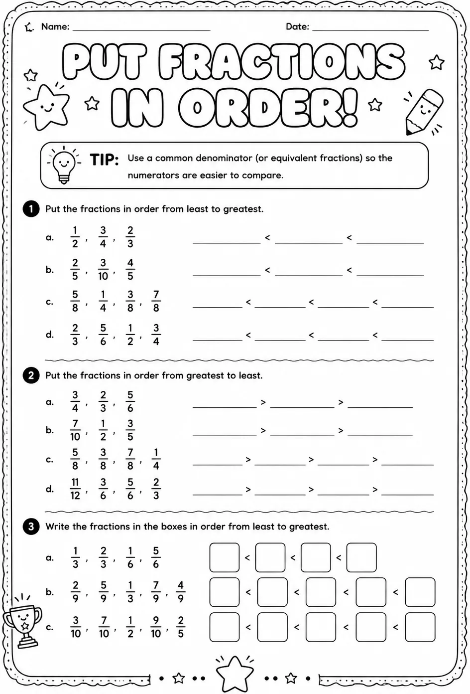 Put fractions in order — free printable Grade 5 math worksheet