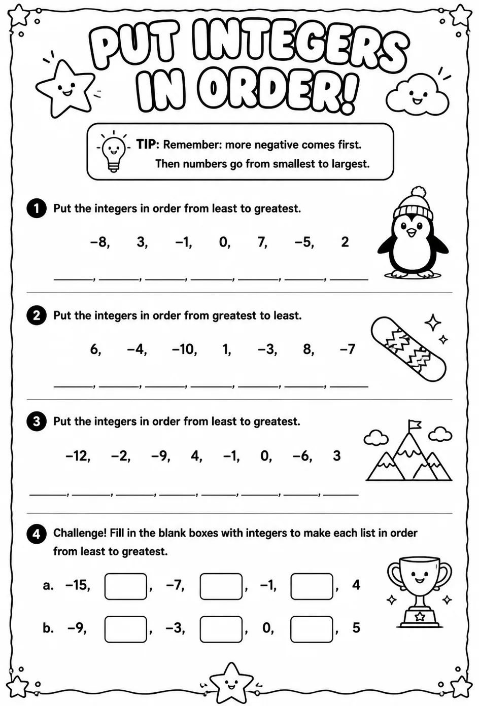 Put integers in order — free printable Grade 6 math worksheet