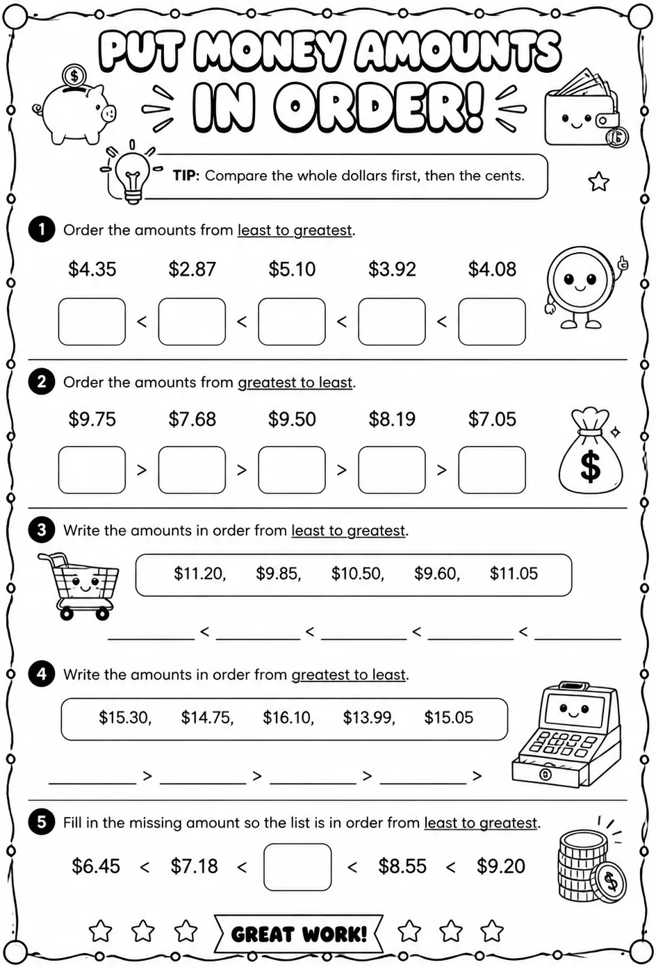 Put money amounts in order — free printable Grade 3 math worksheet
