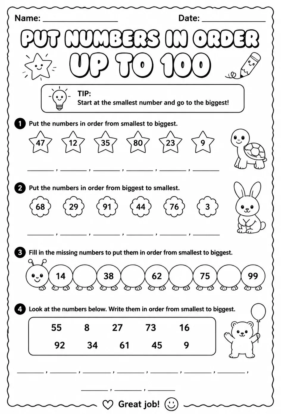 Put numbers in order - up to 100 — free printable Grade 1 math worksheet