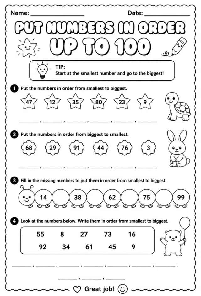 Put numbers in order - up to 100