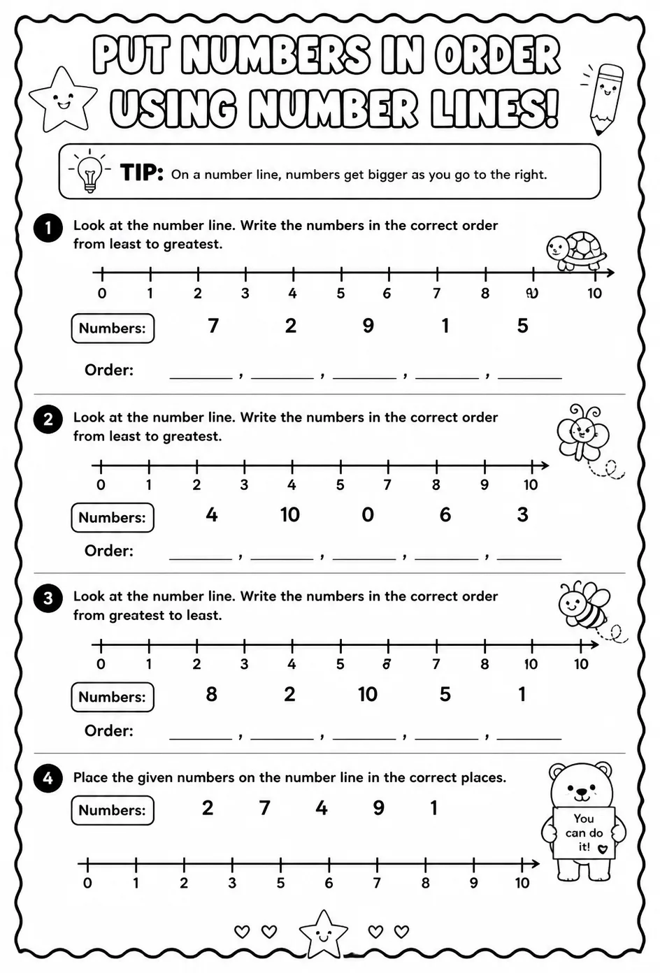 Put numbers in order using number lines — free printable Grade 1 math worksheet