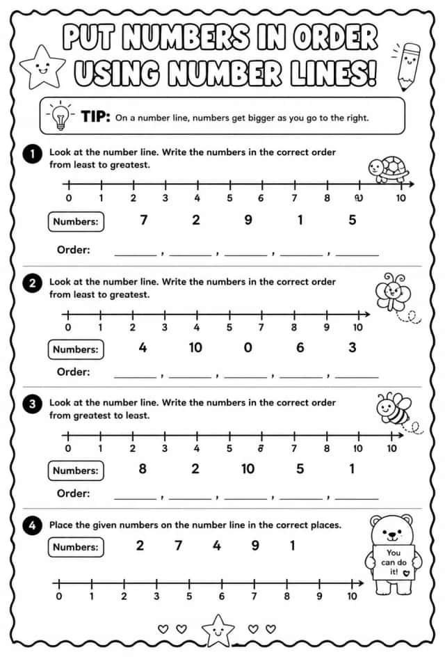 Put numbers in order using number lines