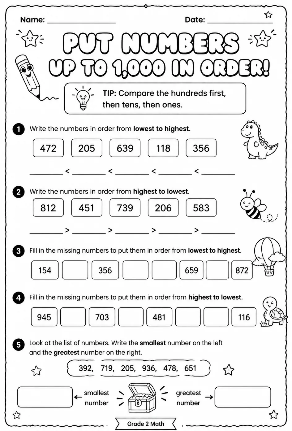 Put numbers up to 1,000 in order — free printable Grade 2 math worksheet