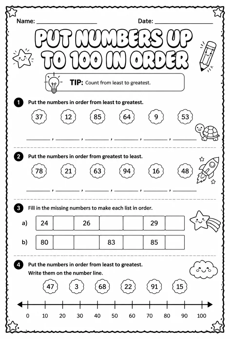 Put numbers up to 100 in order — free printable Grade 2 math worksheet